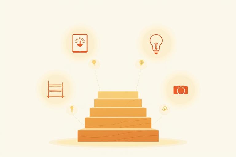 Illustration of a wooden staircase connected to various smart home devices like a tablet, voice assistant speaker, and smart light bulbs, showing seamless integration.